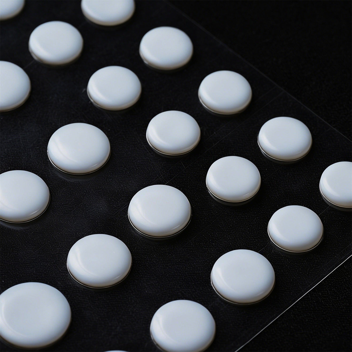 White, round adhesive bumper pads with silver trim, arranged on a clear sheet over a black textured surface.