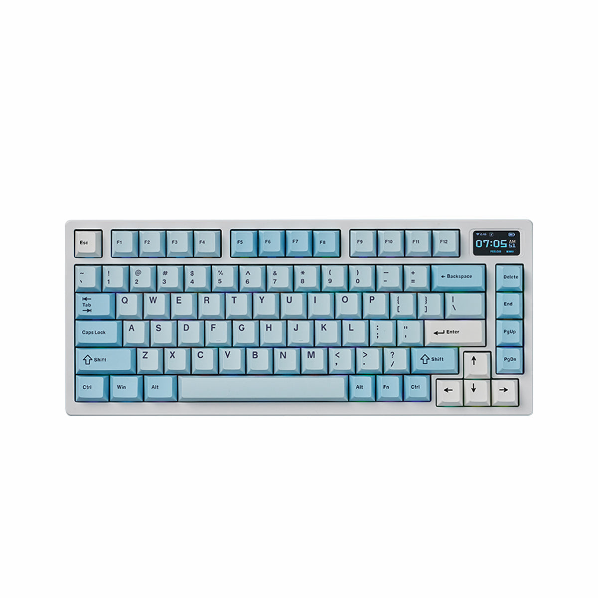 ATK VXE V75 PRO white blue mechanical keyboard, 75% layout, aluminum frame, gradient blue keycaps, TFT screen.